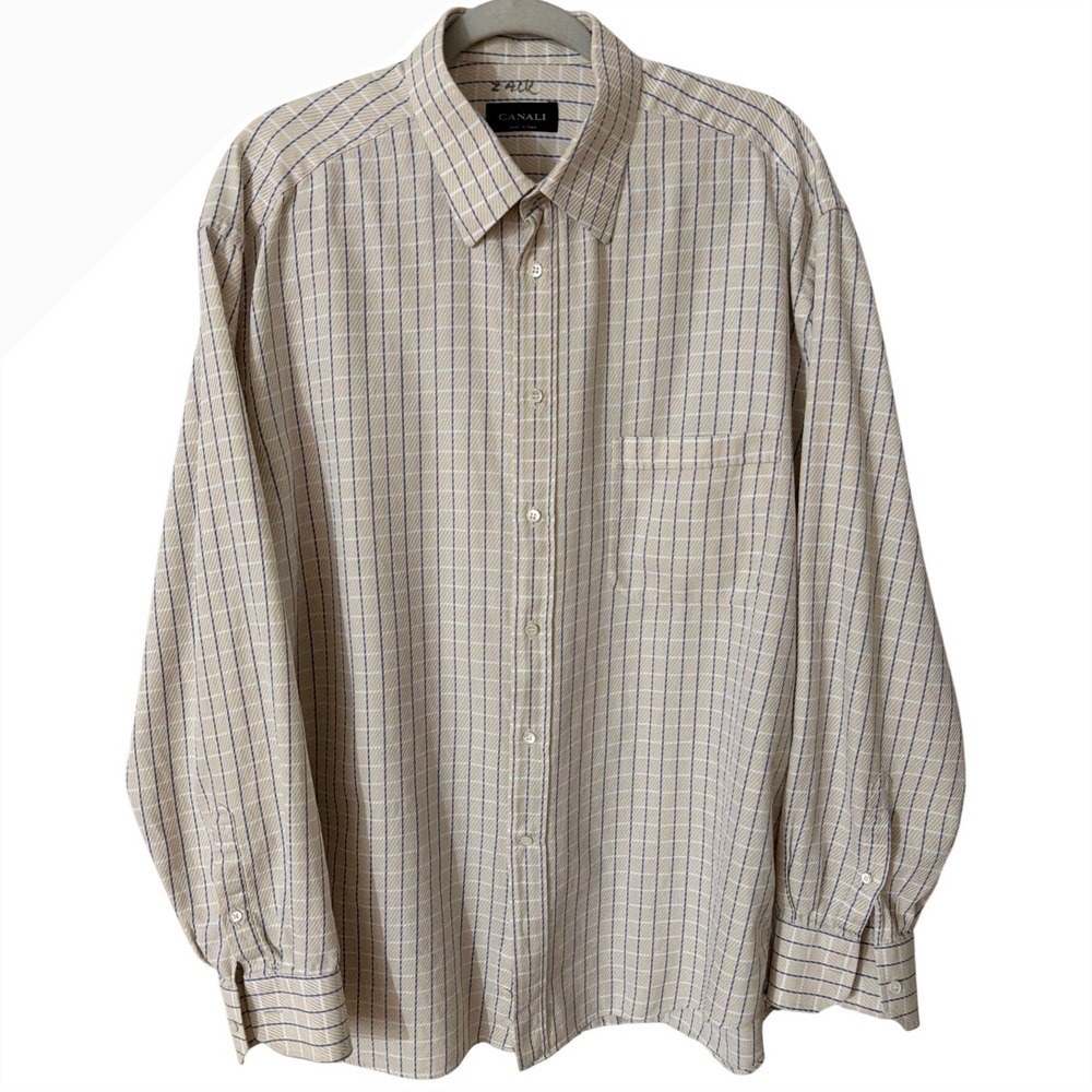 Canali Mens 17.5 44 Button Down Shirt Tan Blue Grid Cotton Made in Italy